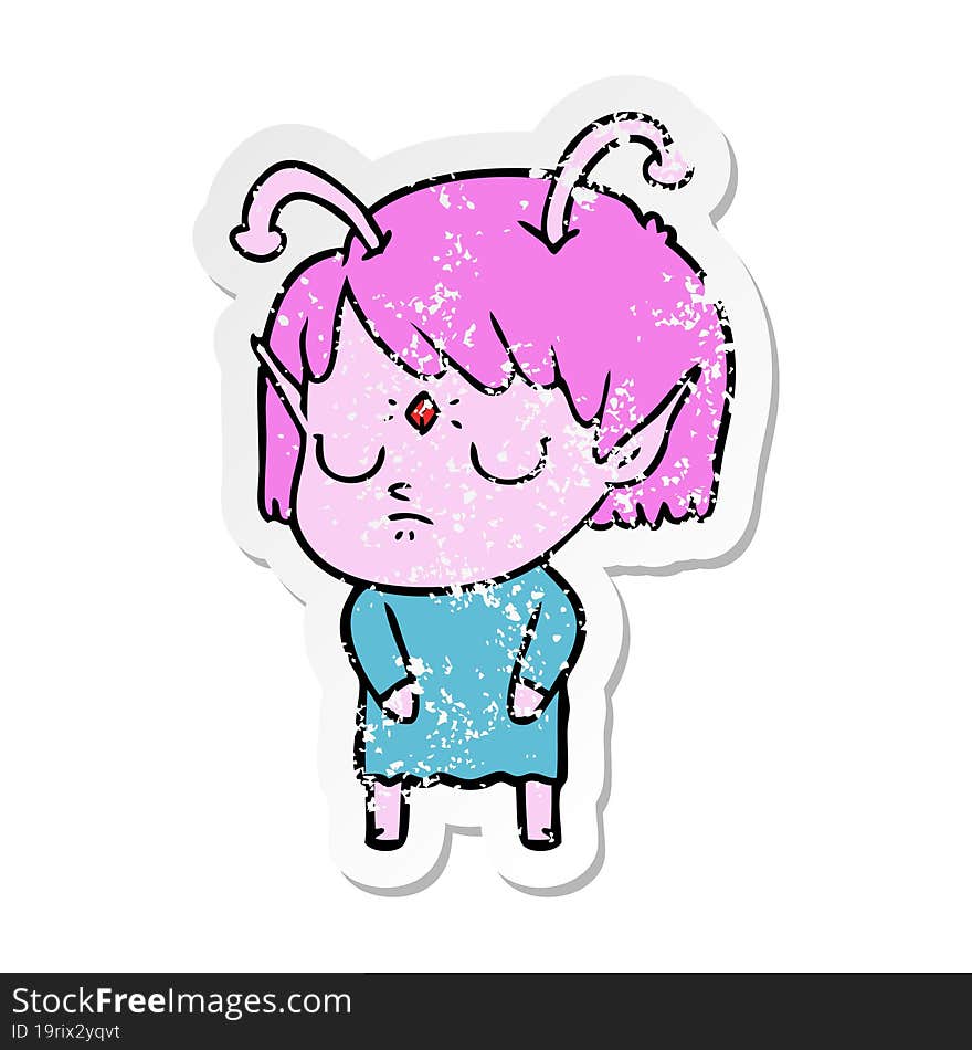 distressed sticker of a cartoon alien girl