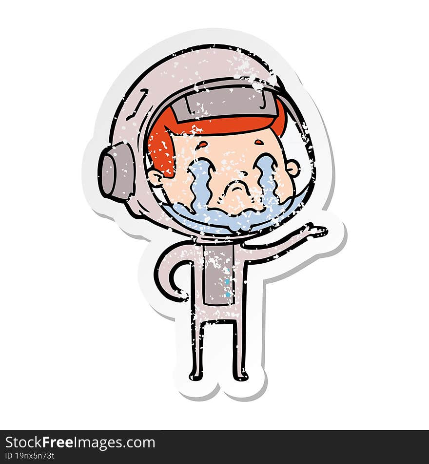 distressed sticker of a cartoon crying astronaut