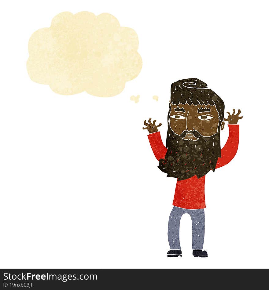 cartoon bearded man waving arms with thought bubble