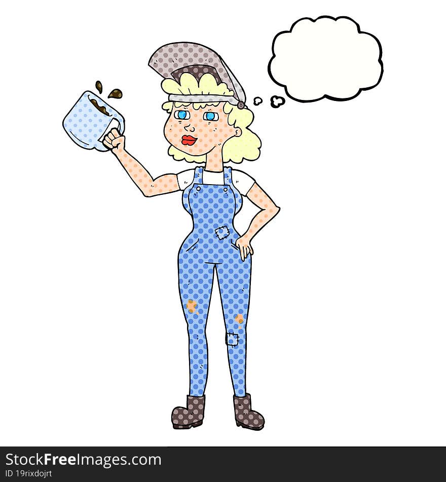 thought bubble cartoon woman in dungarees