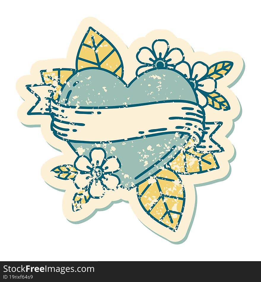 Distressed Sticker Tattoo Style Icon Of A Heart And Banner