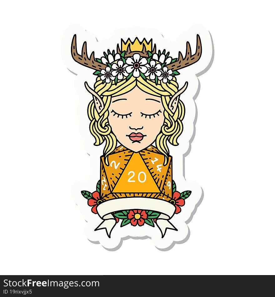 elf druid character with natural 20 dice roll sticker