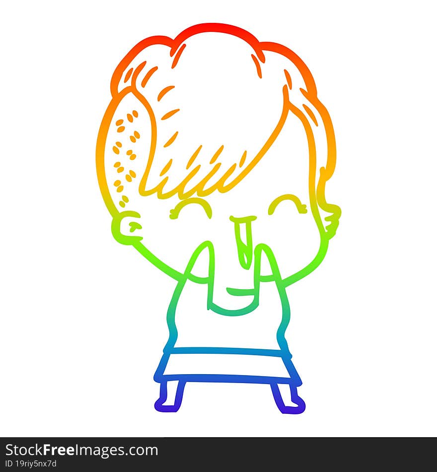 rainbow gradient line drawing of a cartoon happy hipster girl