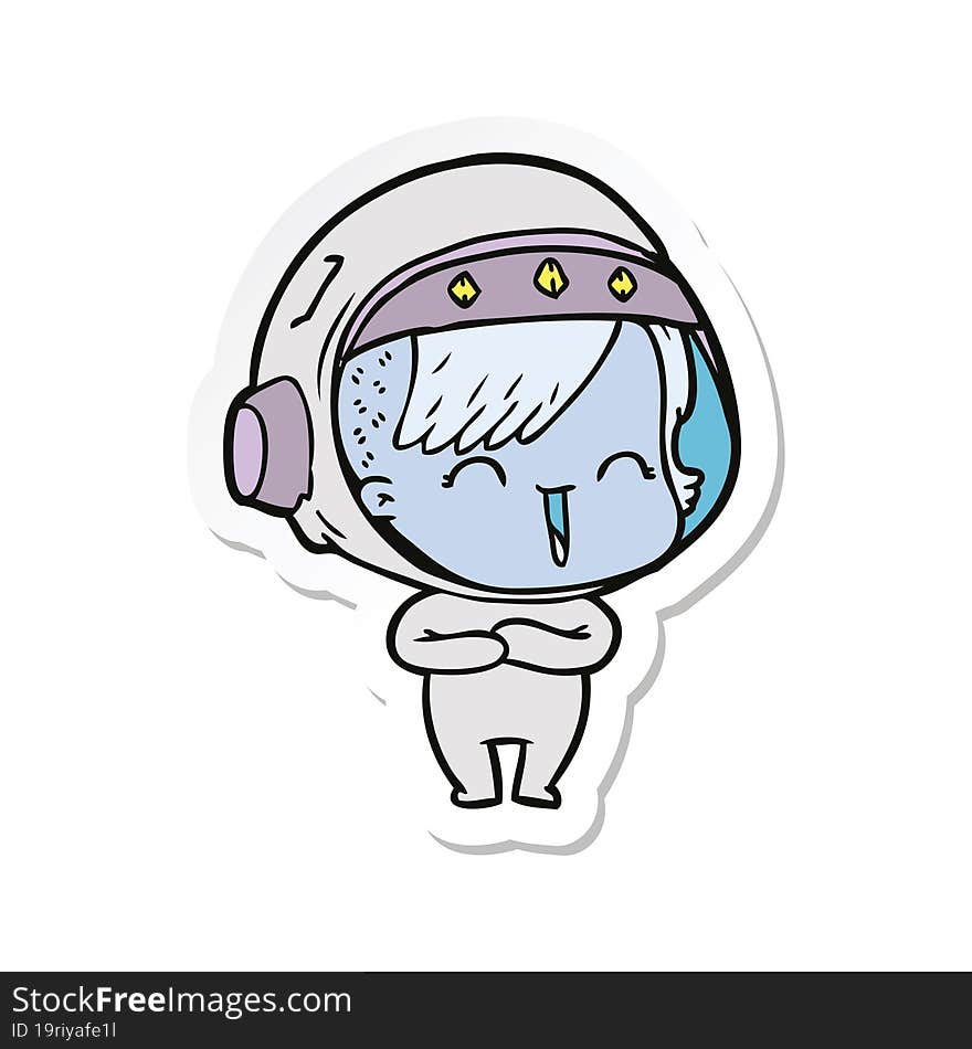 sticker of a cartoon laughing astronaut girl