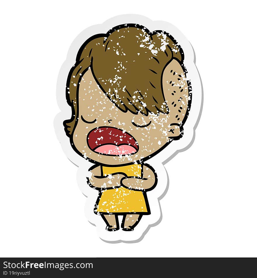 distressed sticker of a cartoon cool hipster girl talking