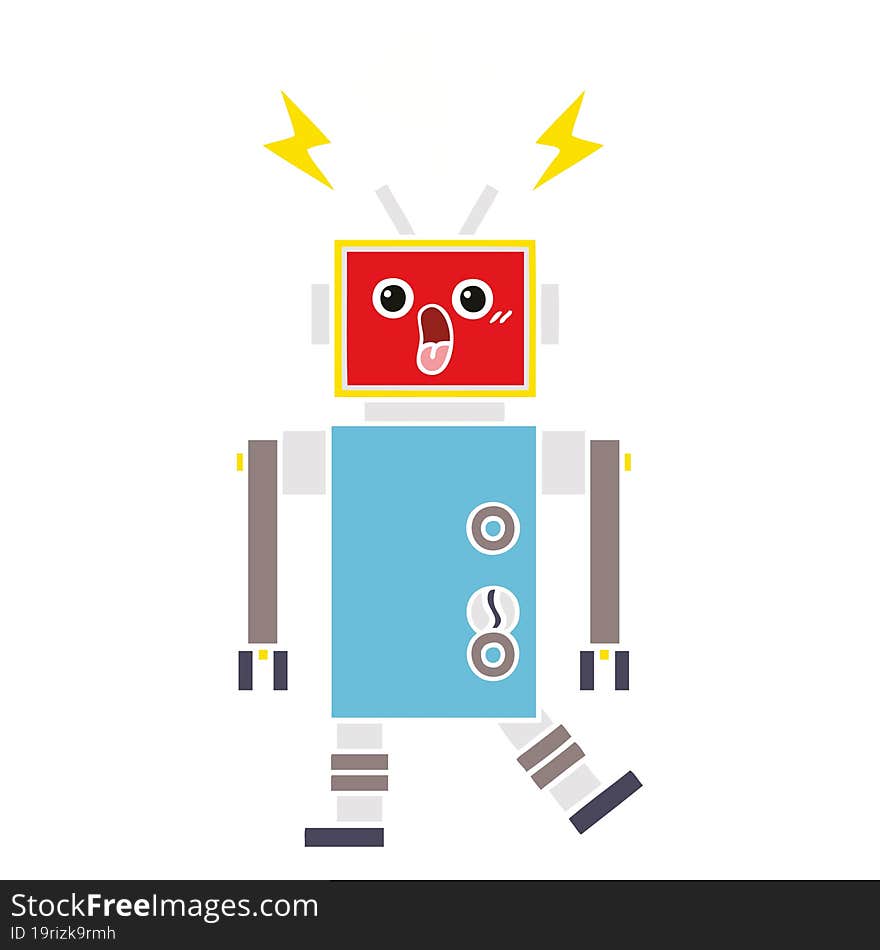 flat color retro cartoon of a robot malfunction