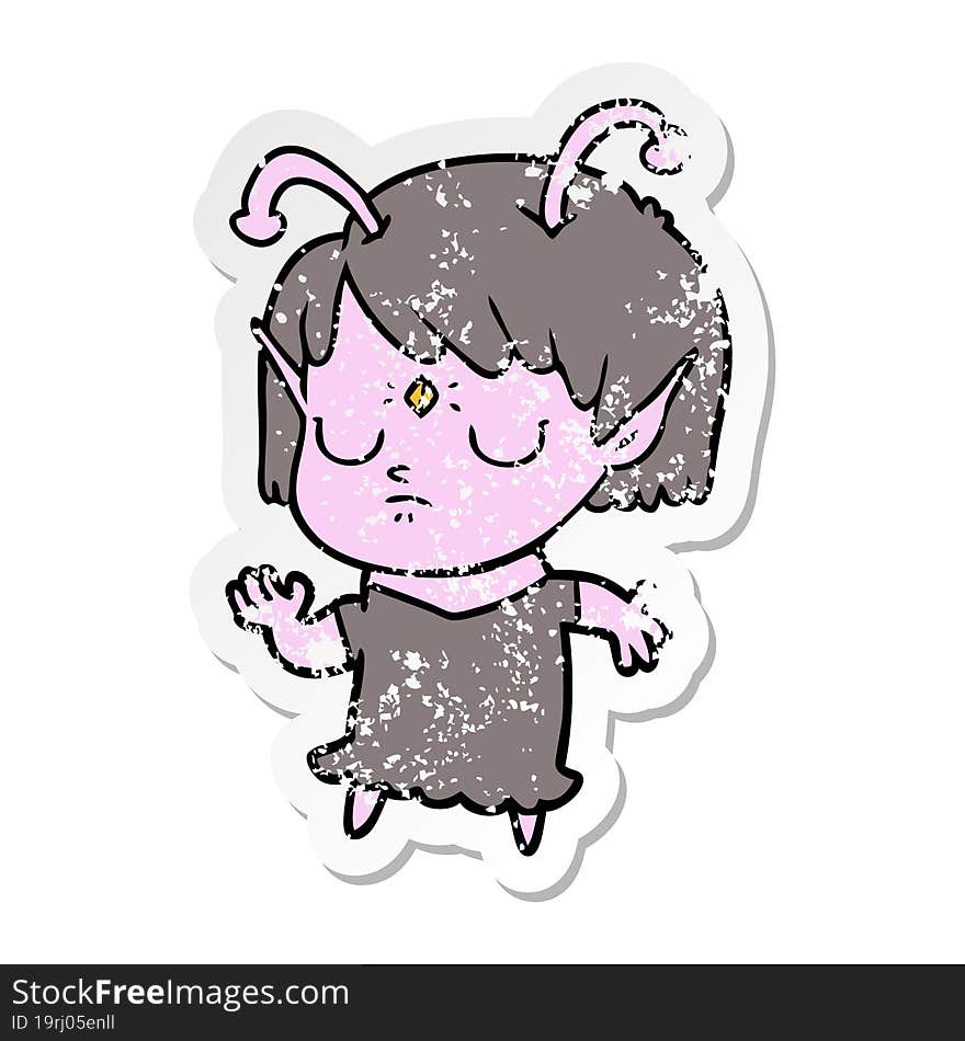 distressed sticker of a cartoon alien girl