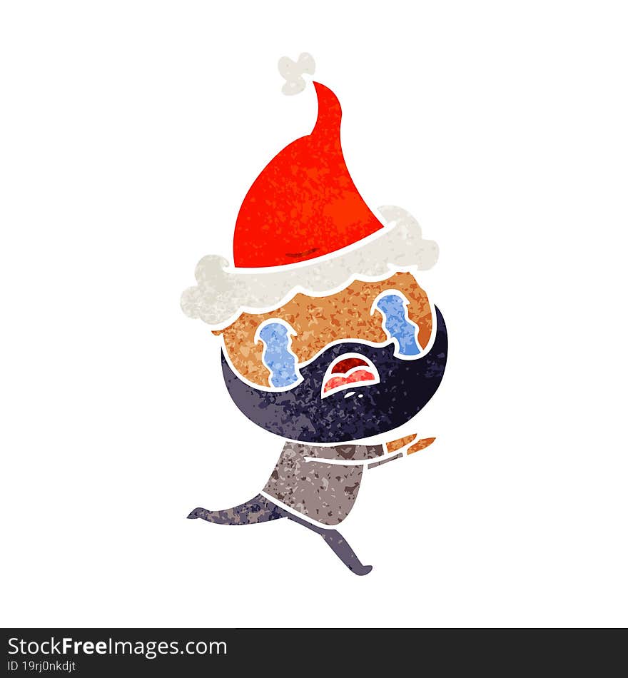 hand drawn retro cartoon of a bearded man crying wearing santa hat