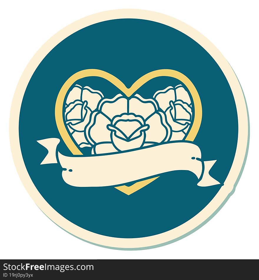 Tattoo Style Sticker Of A Heart And Banner With Flowers