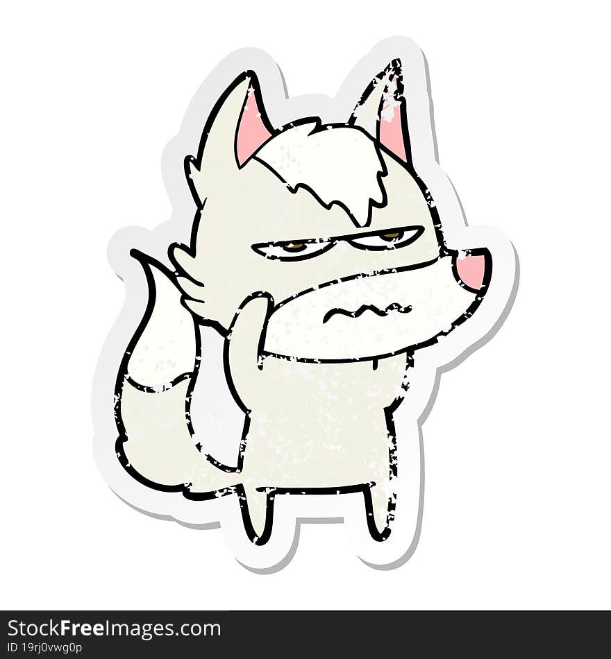 distressed sticker of a cartoon annoyed wolf