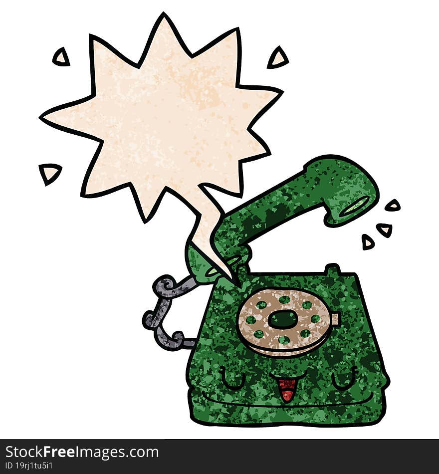 Cute Cartoon Telephone And Speech Bubble In Retro Texture Style