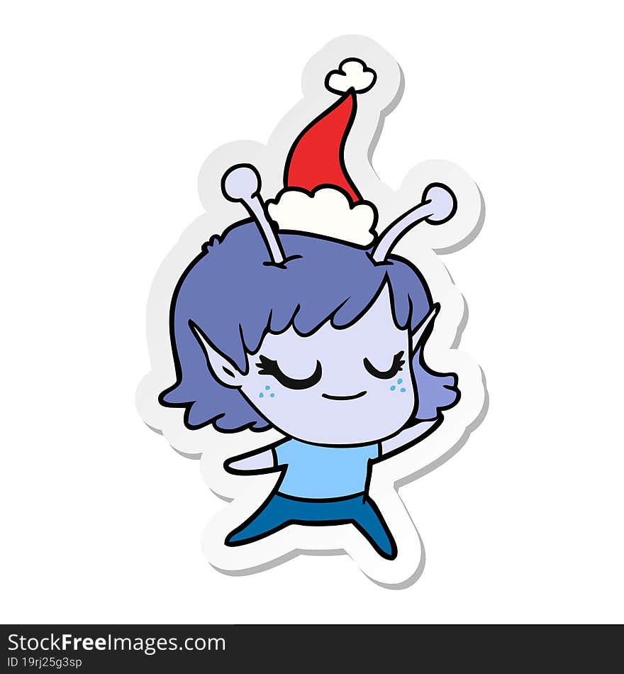 smiling alien girl sticker cartoon of a wearing santa hat