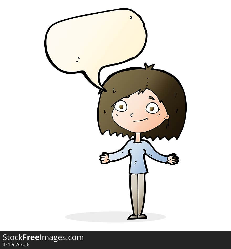 cartoon woman shrugging shoulders with speech bubble