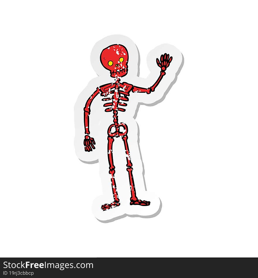 Retro Distressed Sticker Of A Cartoon Waving Skeleton