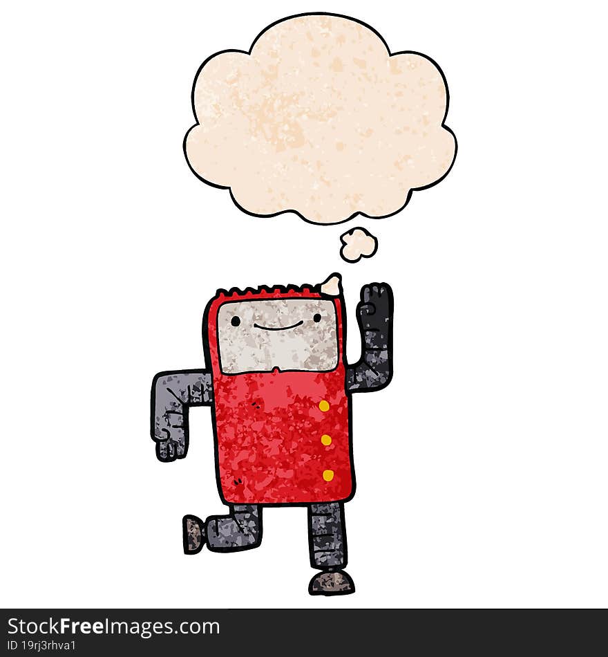 Cartoon Robot And Thought Bubble In Grunge Texture Pattern Style