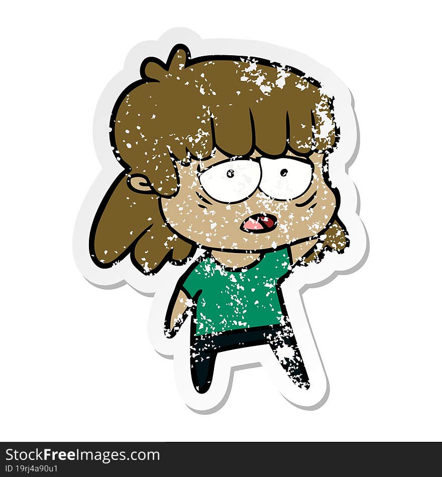 Distressed Sticker Of A Cartoon Tired Woman