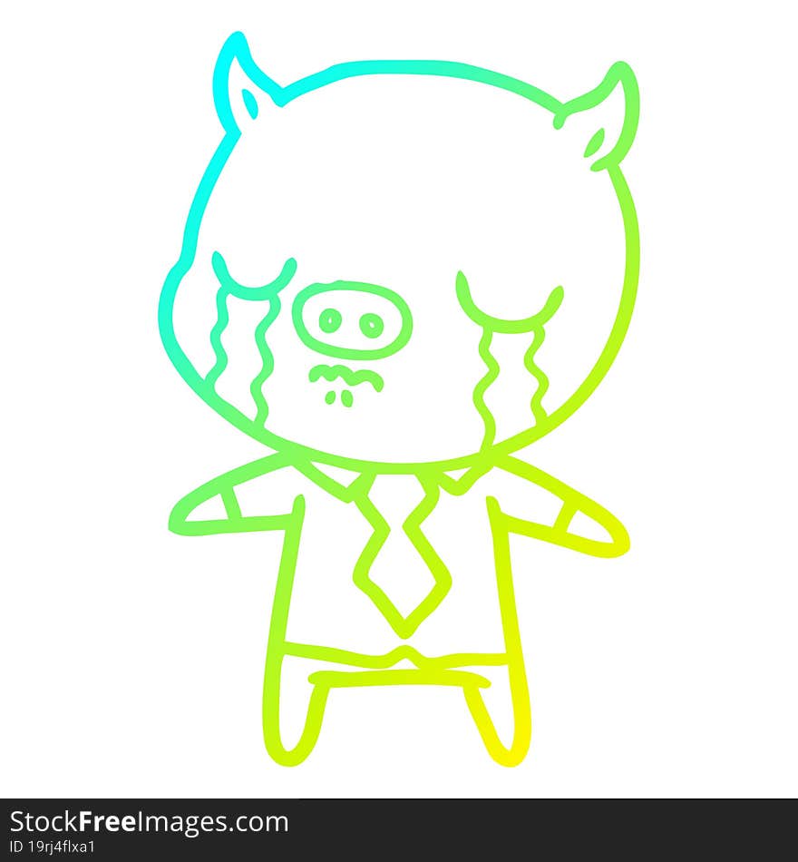 cold gradient line drawing cartoon pig crying wearing shirt and tie