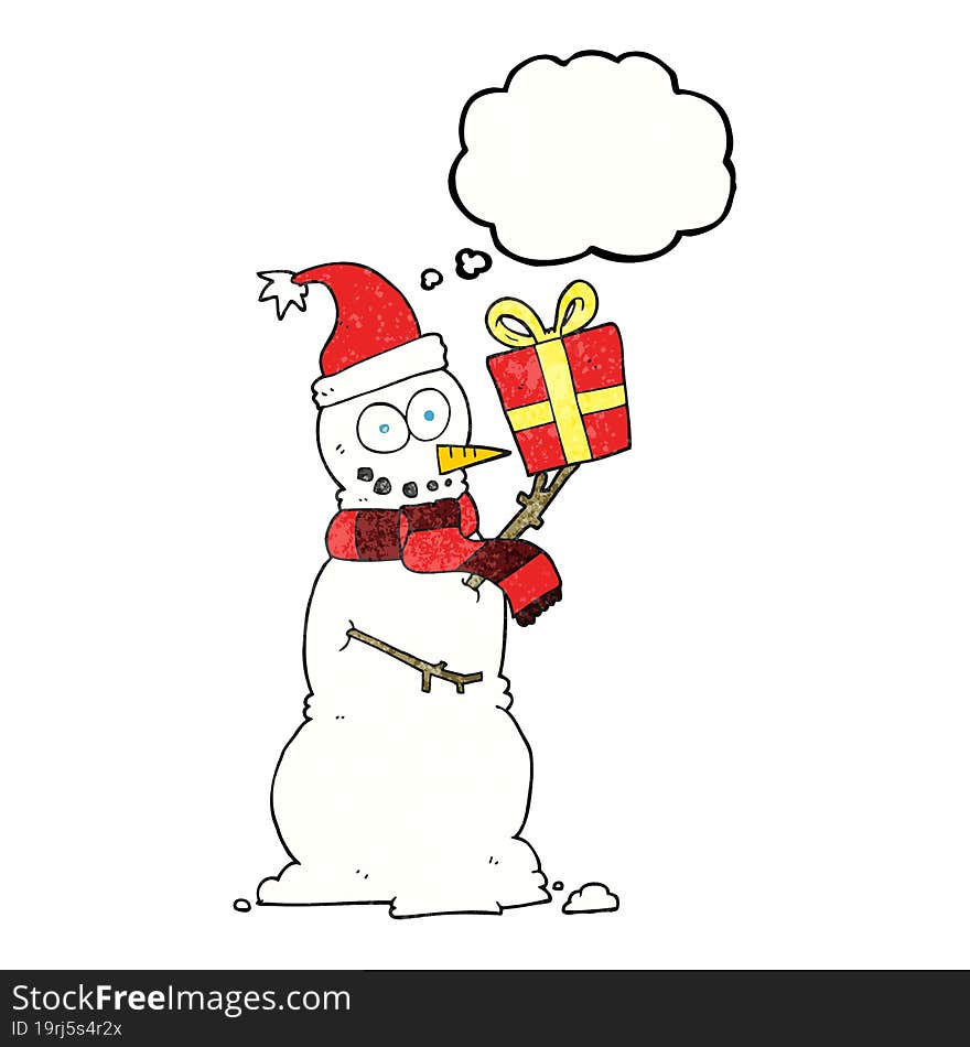 thought bubble textured cartoon snowman holding present