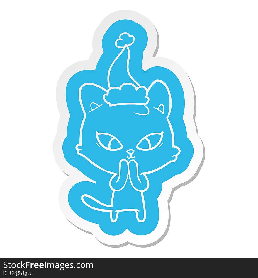 cute quirky cartoon  sticker of a cat wearing santa hat