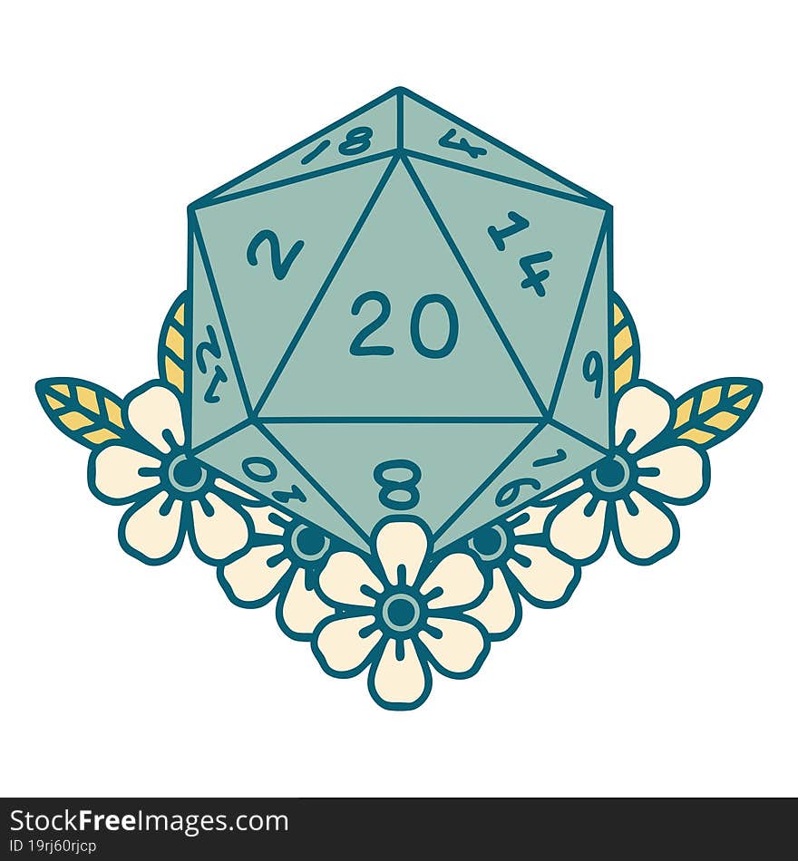 natural 20 D20 dice roll with floral elements illustration