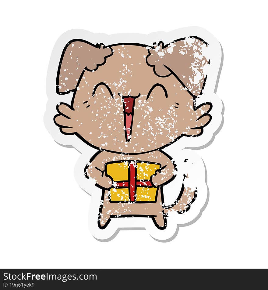 distressed sticker of a happy little cartoon dog with present