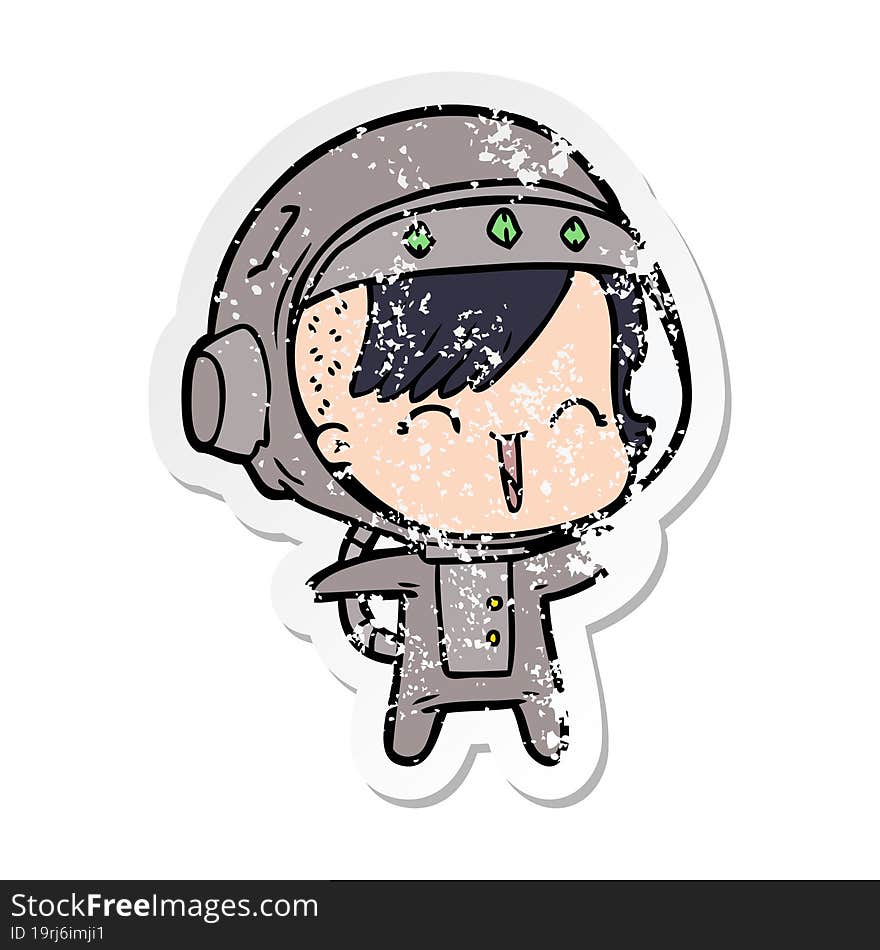 distressed sticker of a happy cartoon space girl