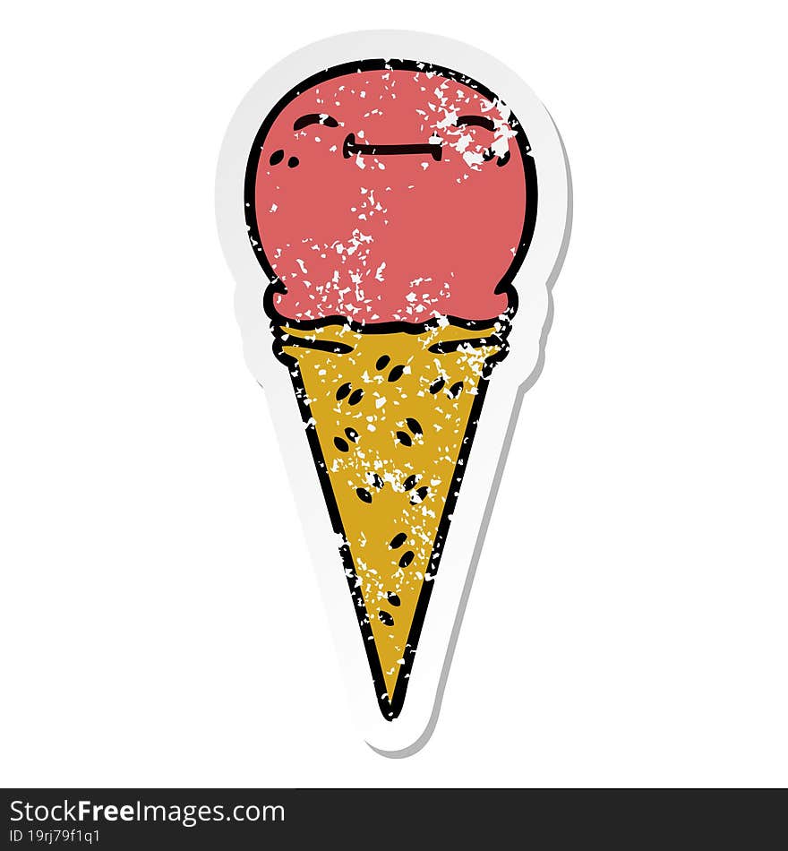 distressed sticker of a quirky hand drawn cartoon happy ice cream