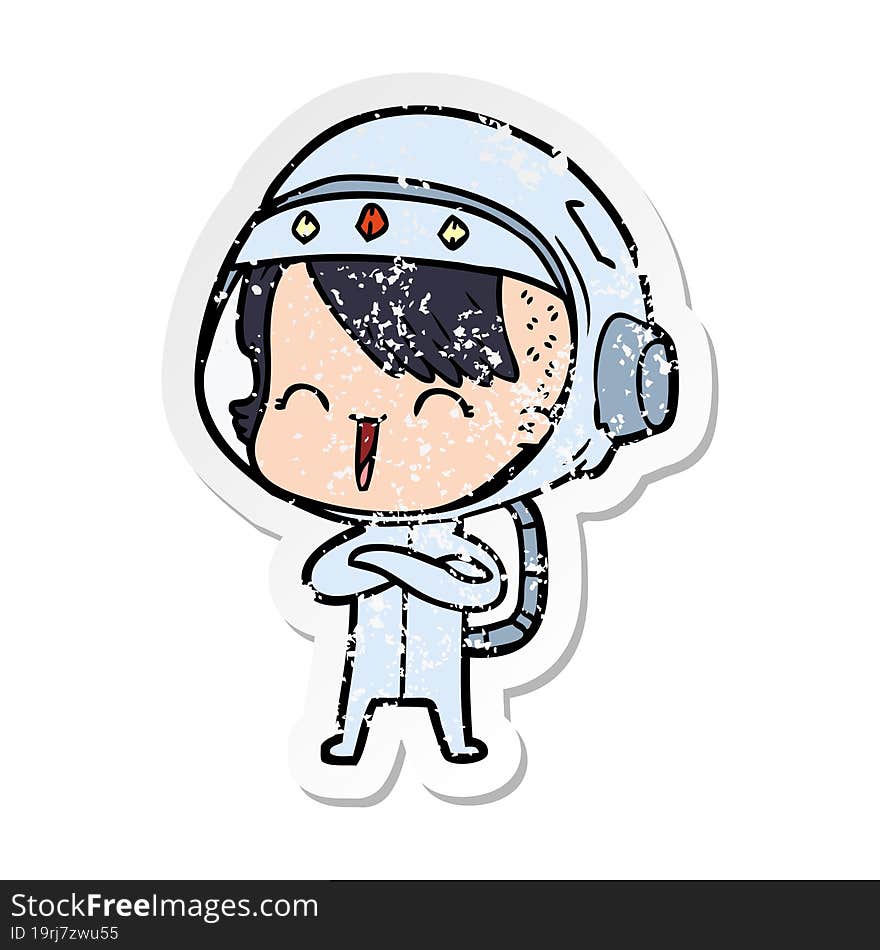 distressed sticker of a happy cartoon space girl