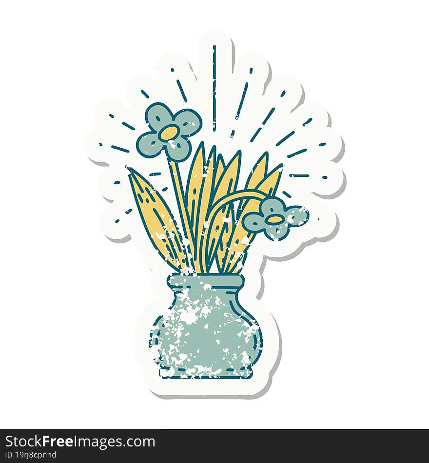 grunge sticker of tattoo style flowers in vase