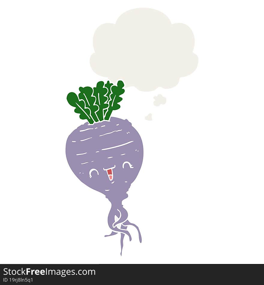 cartoon turnip with thought bubble in retro style