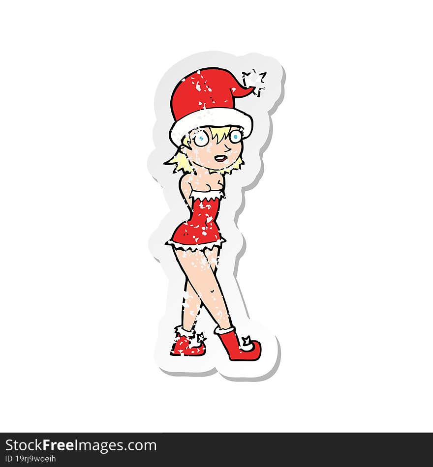 Retro Distressed Sticker Of A Cartoon Woman In Christmas Elf Costume