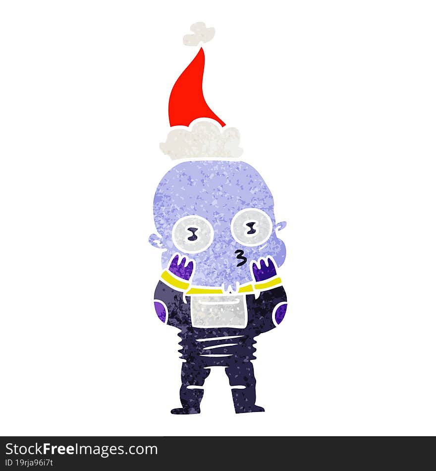 retro cartoon of a weird bald spaceman wearing santa hat