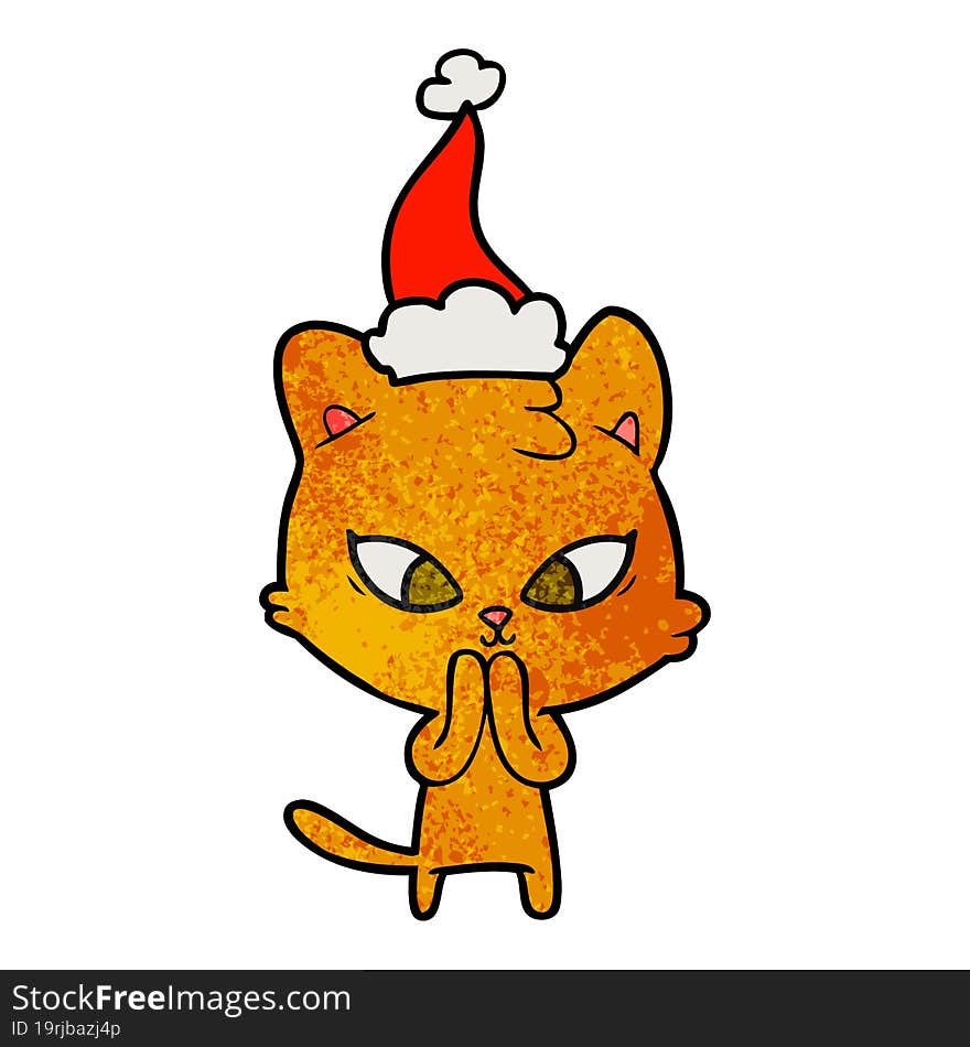 cute hand drawn textured cartoon of a cat wearing santa hat. cute hand drawn textured cartoon of a cat wearing santa hat