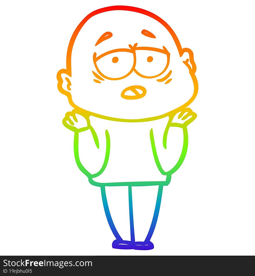 rainbow gradient line drawing cartoon tired bald man