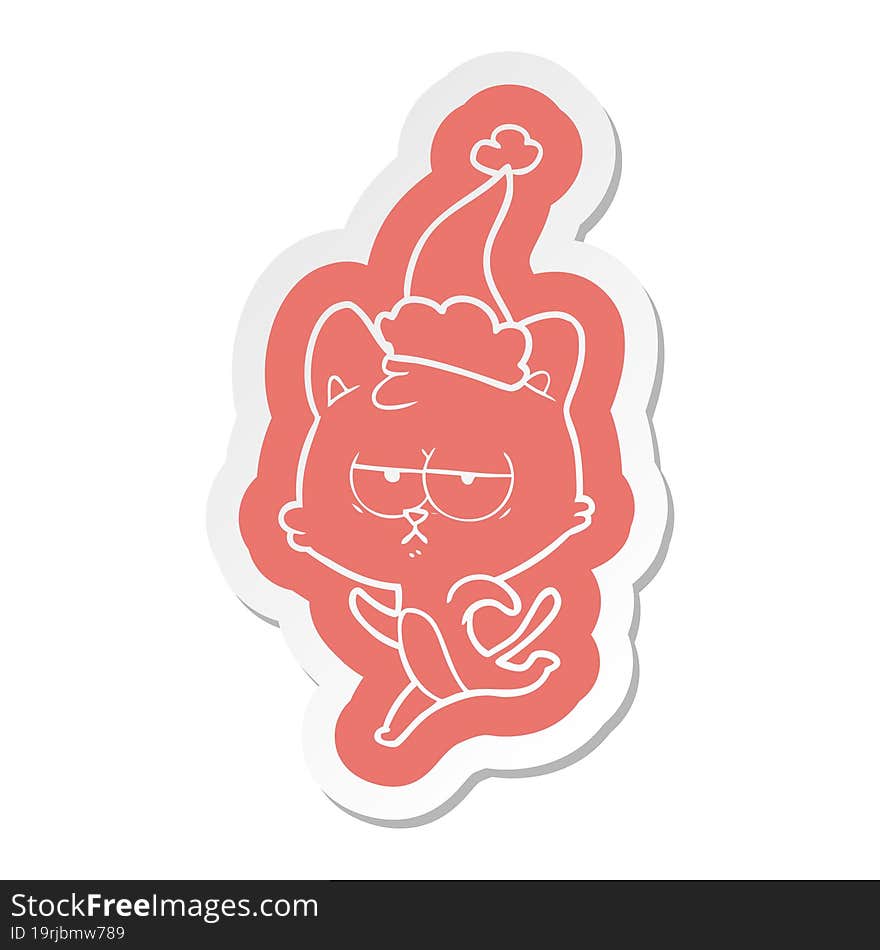 bored quirky cartoon  sticker of a cat wearing santa hat