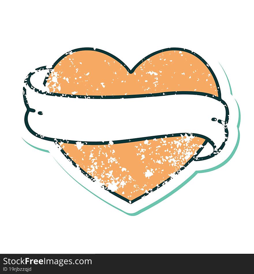 Distressed Sticker Tattoo Style Icon Of A Heart And Banner