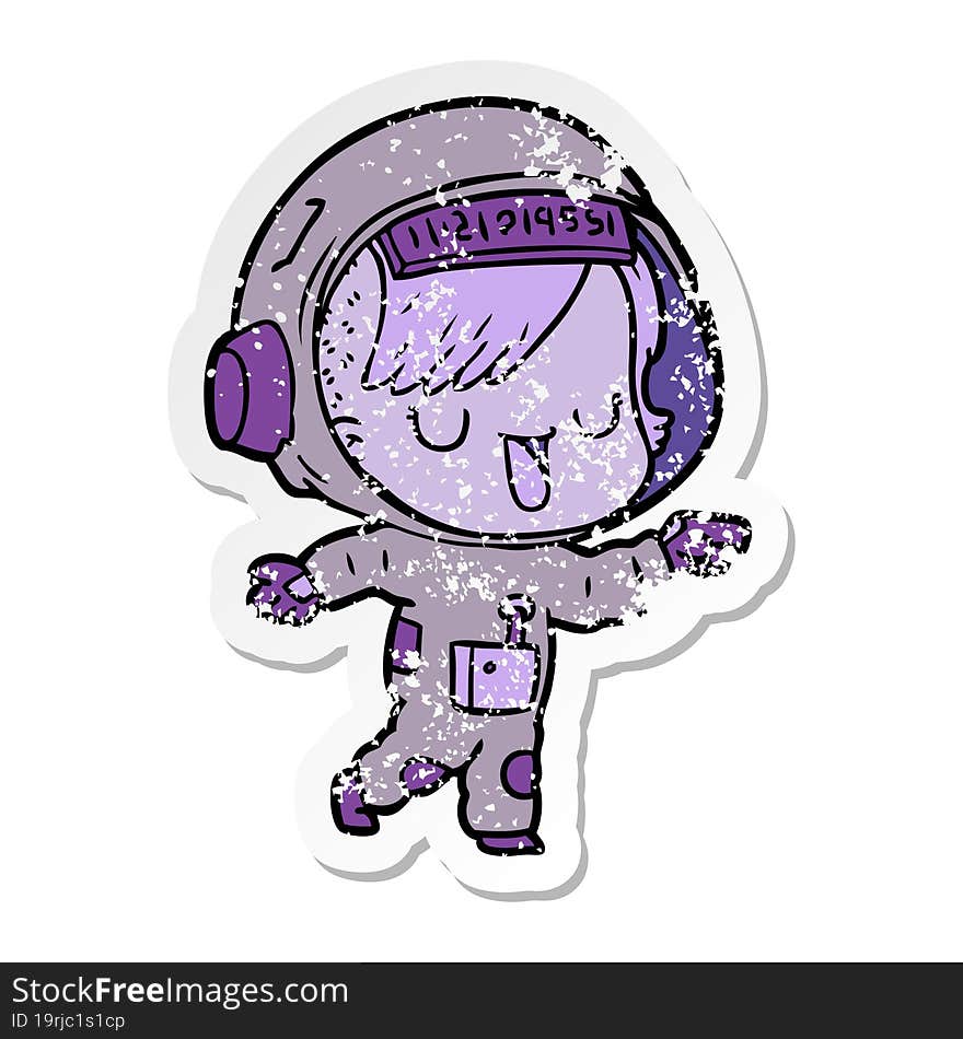 distressed sticker of a cartoon astronaut woman