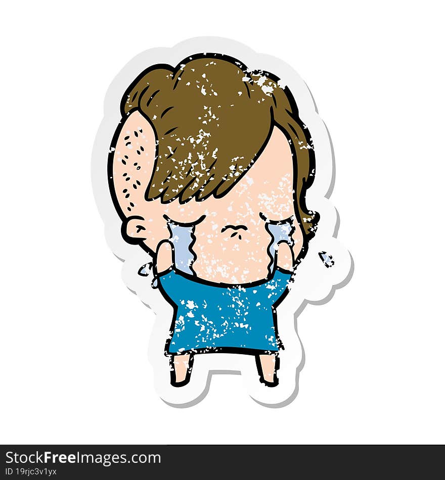 distressed sticker of a cartoon crying girl