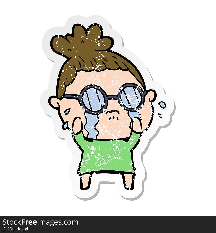 distressed sticker of a cartoon crying woman wearing spectacles