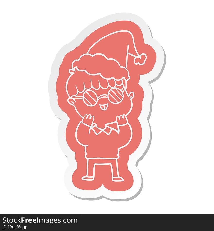 cartoon  sticker of a boy wearing spectacles wearing santa hat