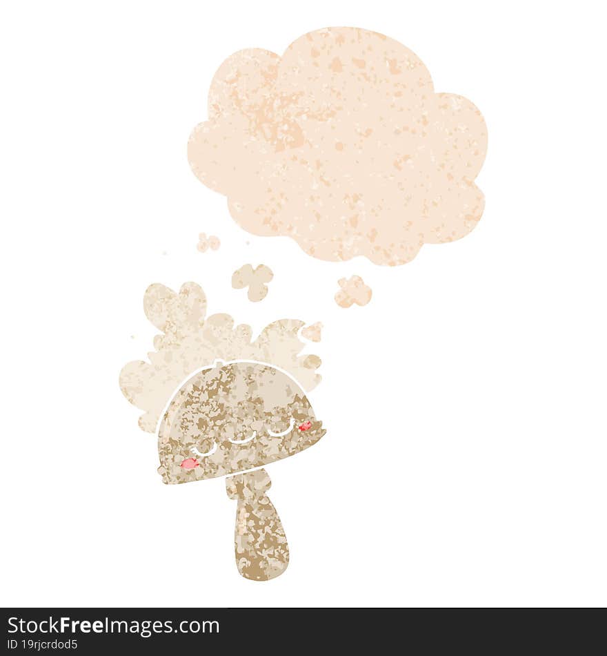 Cartoon Mushroom With Spoor Cloud And Thought Bubble In Retro Textured Style