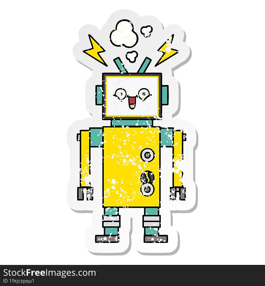 Distressed Sticker Of A Cute Cartoon Happy Robot