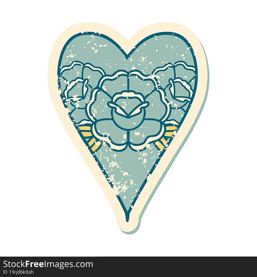 iconic distressed sticker tattoo style image of a heart and flowers. iconic distressed sticker tattoo style image of a heart and flowers