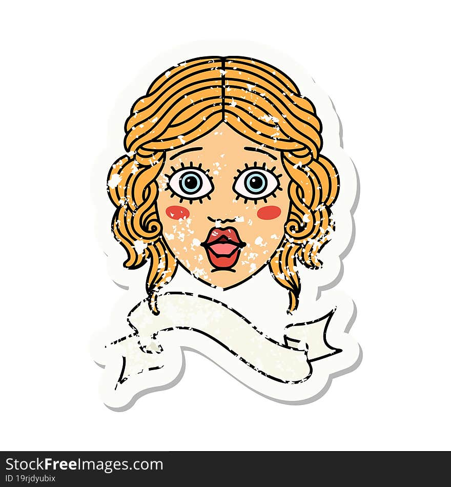 grunge sticker with banner of female face