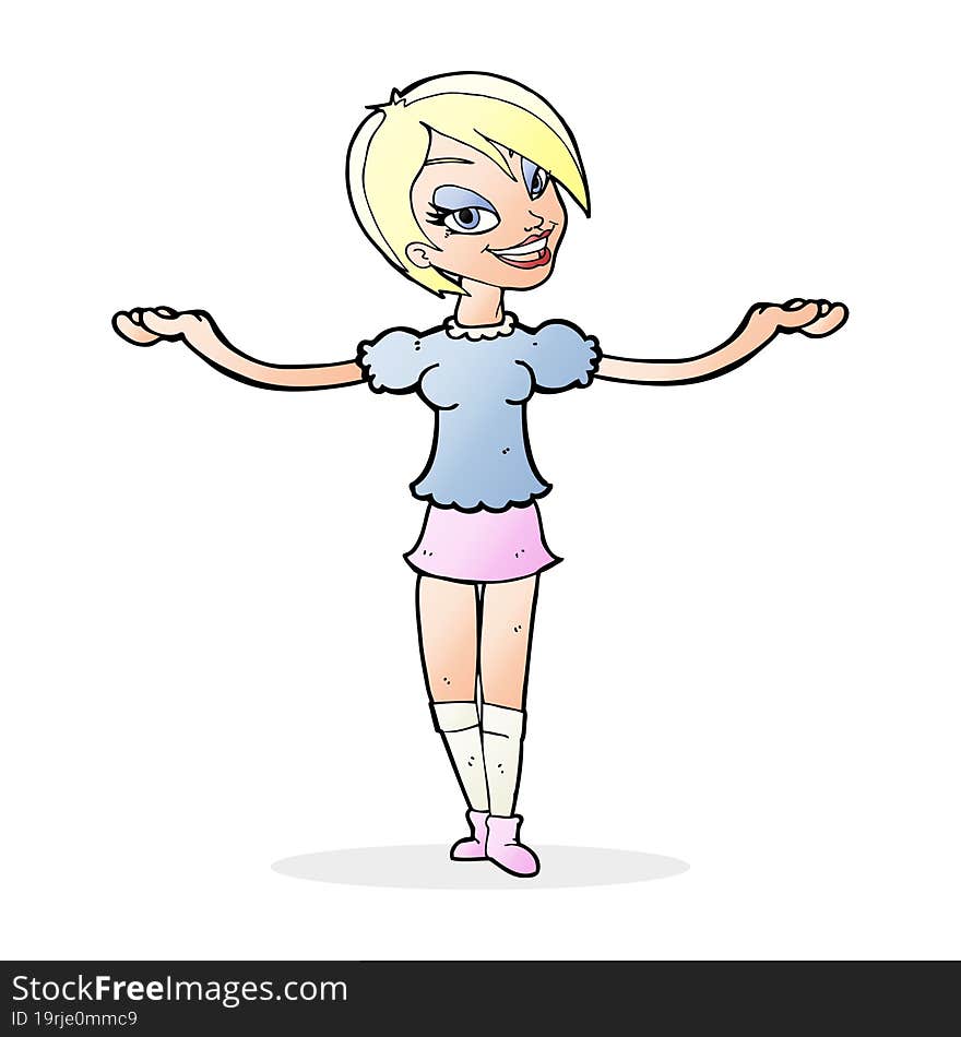 cartoon woman making open arm gesture