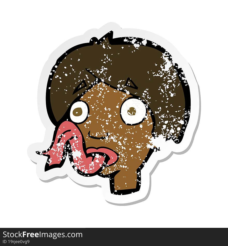 retro distressed sticker of a cartoon head sticking out tongue