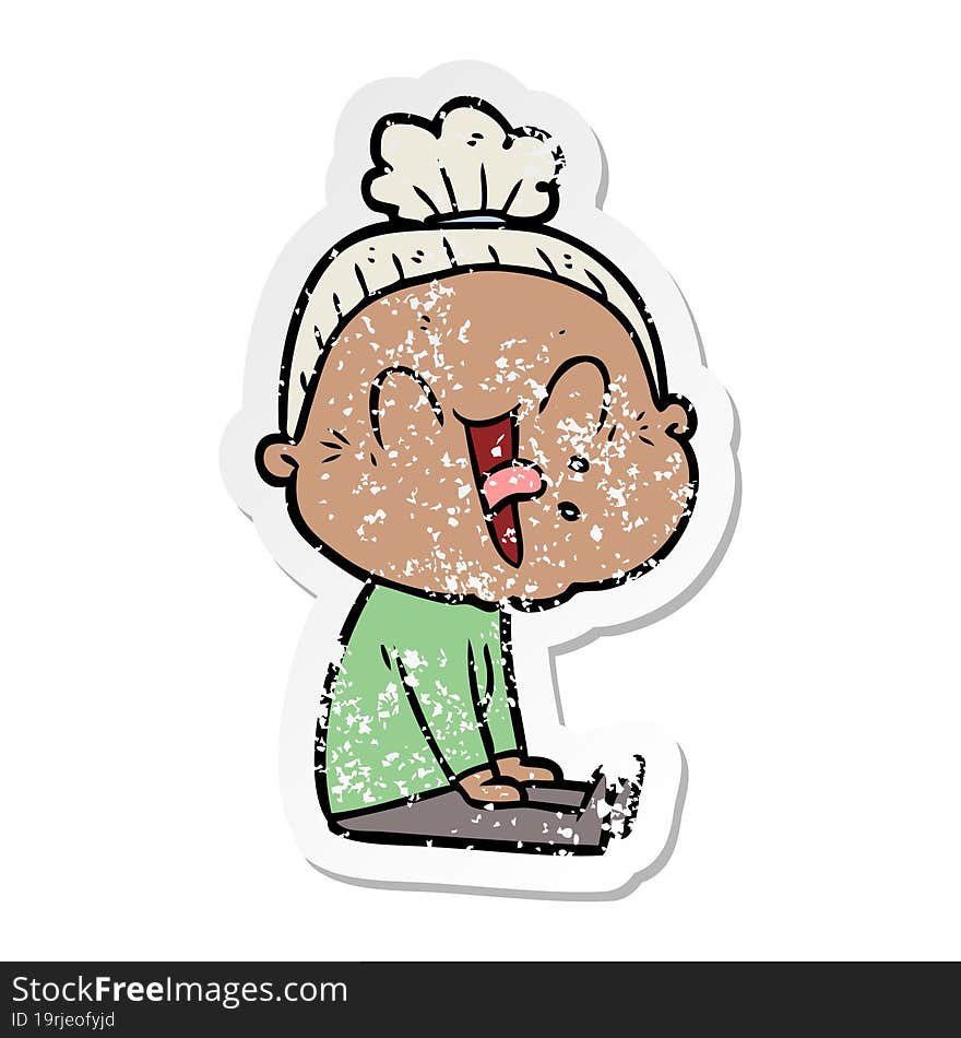 Distressed Sticker Of A Cartoon Happy Old Woman