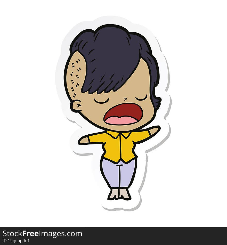 sticker of a cartoon cool hipster girl talking