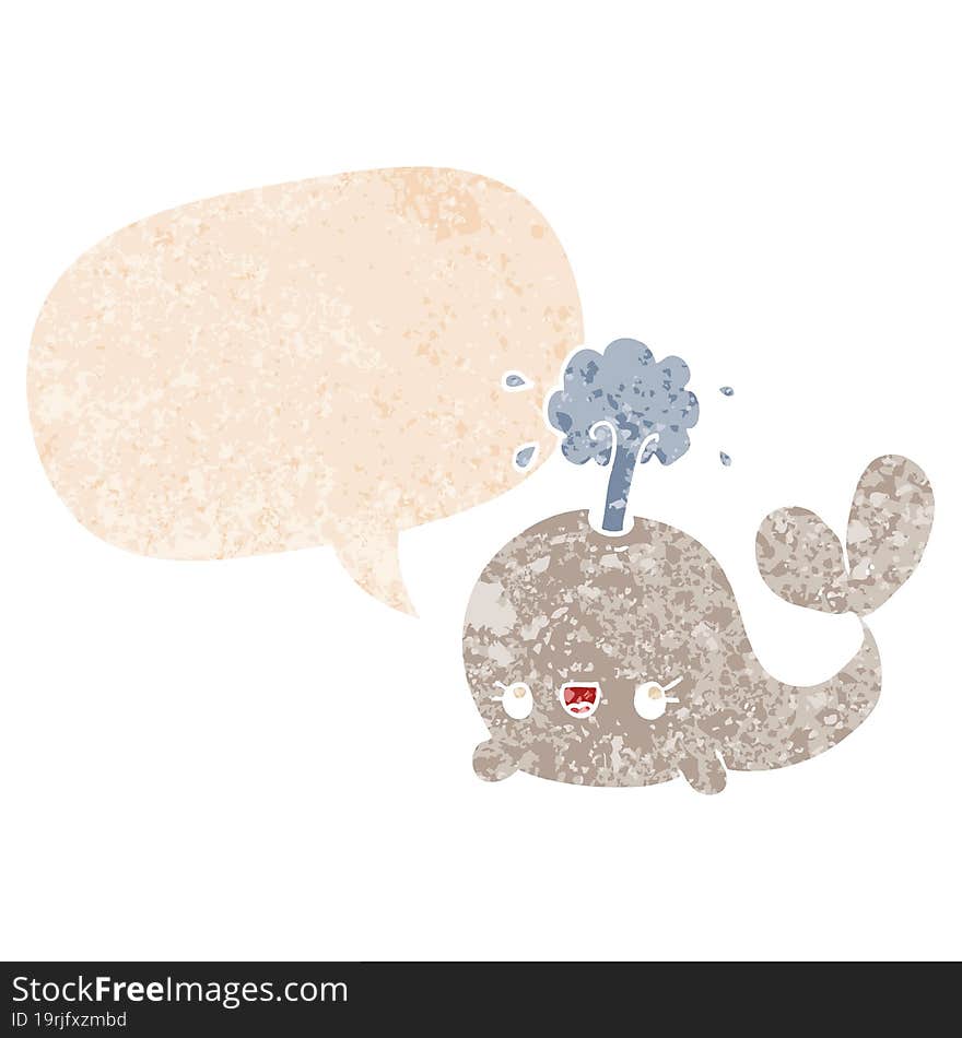 cute cartoon whale and speech bubble in retro textured style