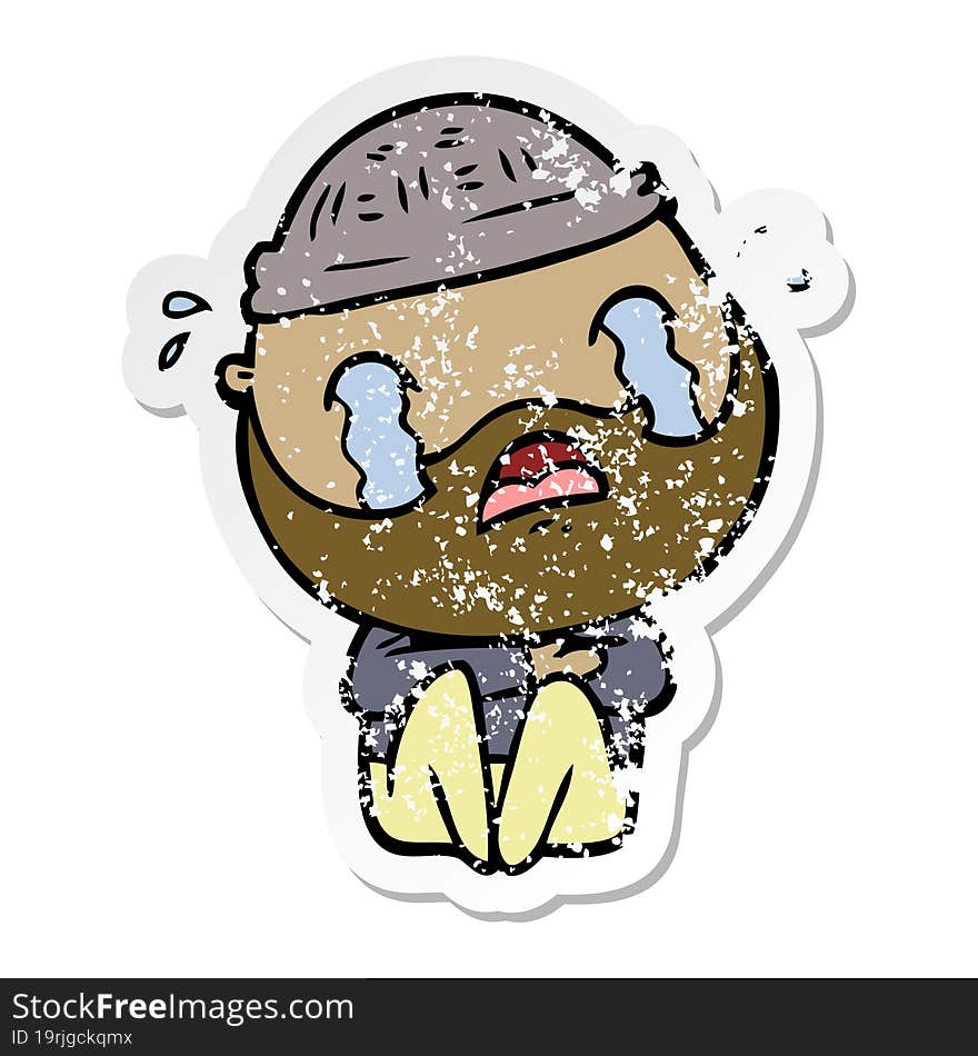 distressed sticker of a cartoon bearded man crying